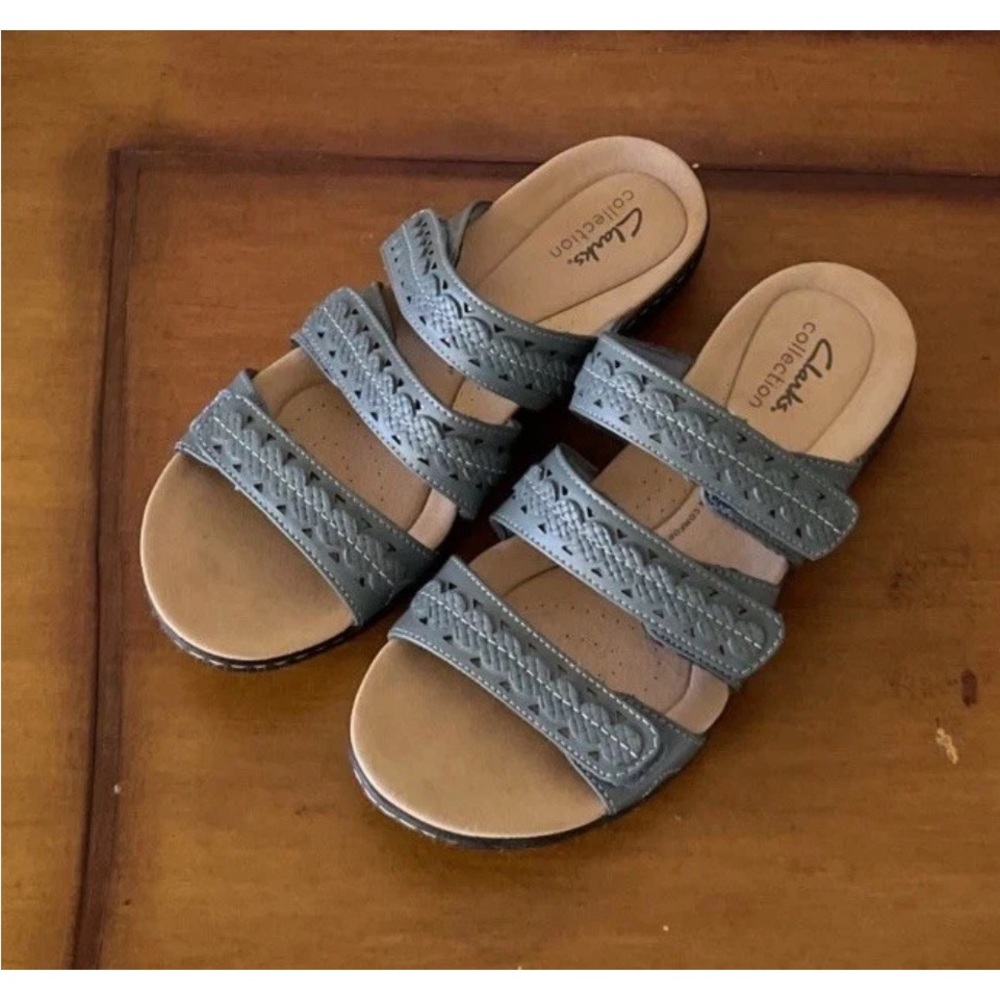 Clarks Womens Laurieann Cove Stappy Slide Leather Sandals Shoes Blue Sz 7.5